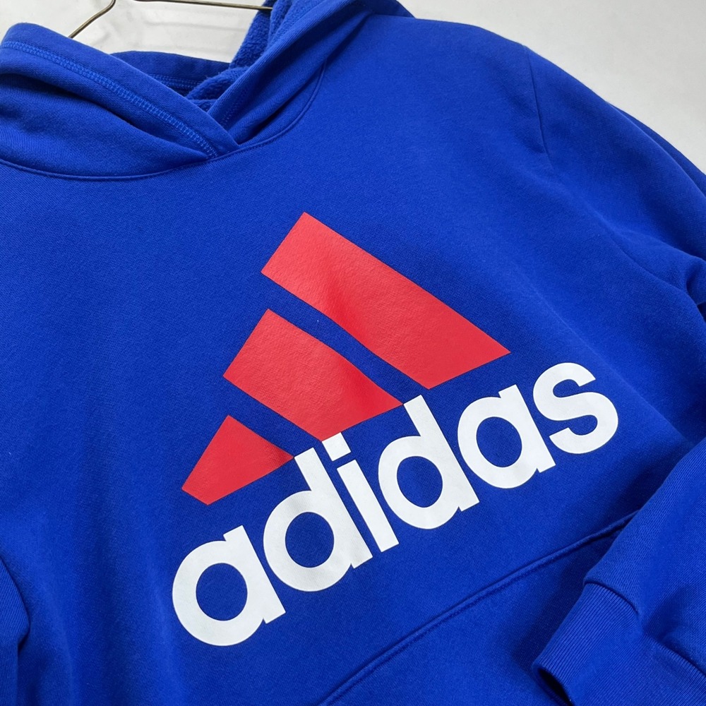 Adidas Hoodie Boys XL Royal Blue Fleece Logo Pullover Sweatshirt Kangaroo Pocket